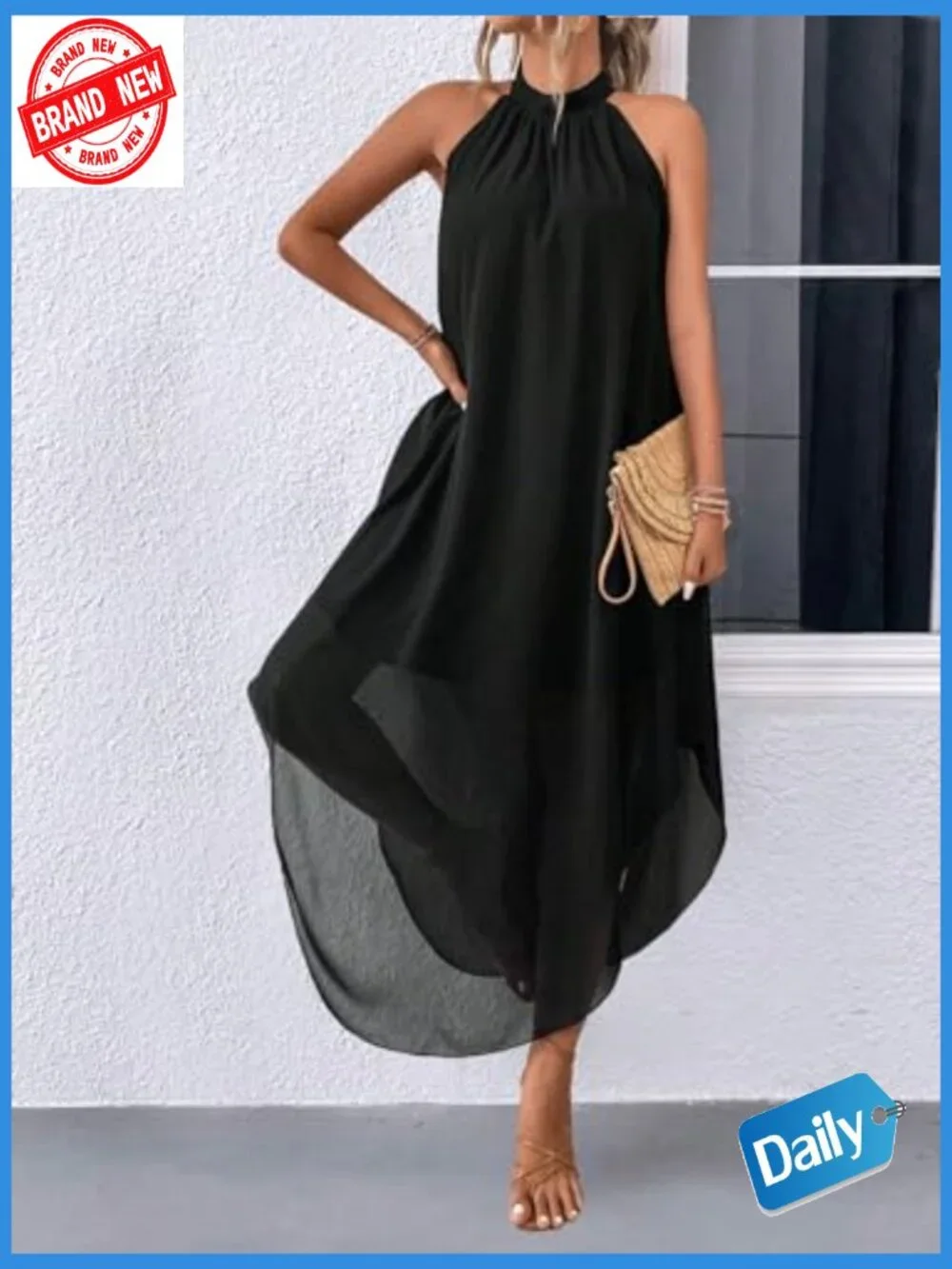 Women's Halter Flowy Chiffon Asymmetrical Maxi Dress